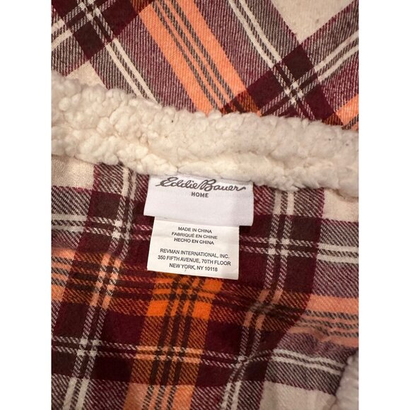 Eddie Bauer Plaid Sherpa Throw Blanket 50" X 60" Tan & Orange Cozy Reversible So - Picture 10 of 14